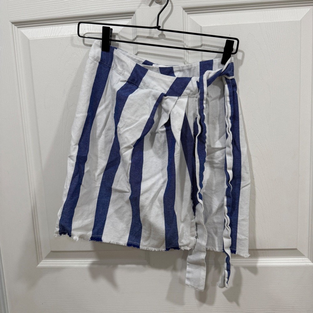 Lavi Blue White Striped‎ Cotton Wrap Mini Skirt Frayed Hem XS Nautical Coastal